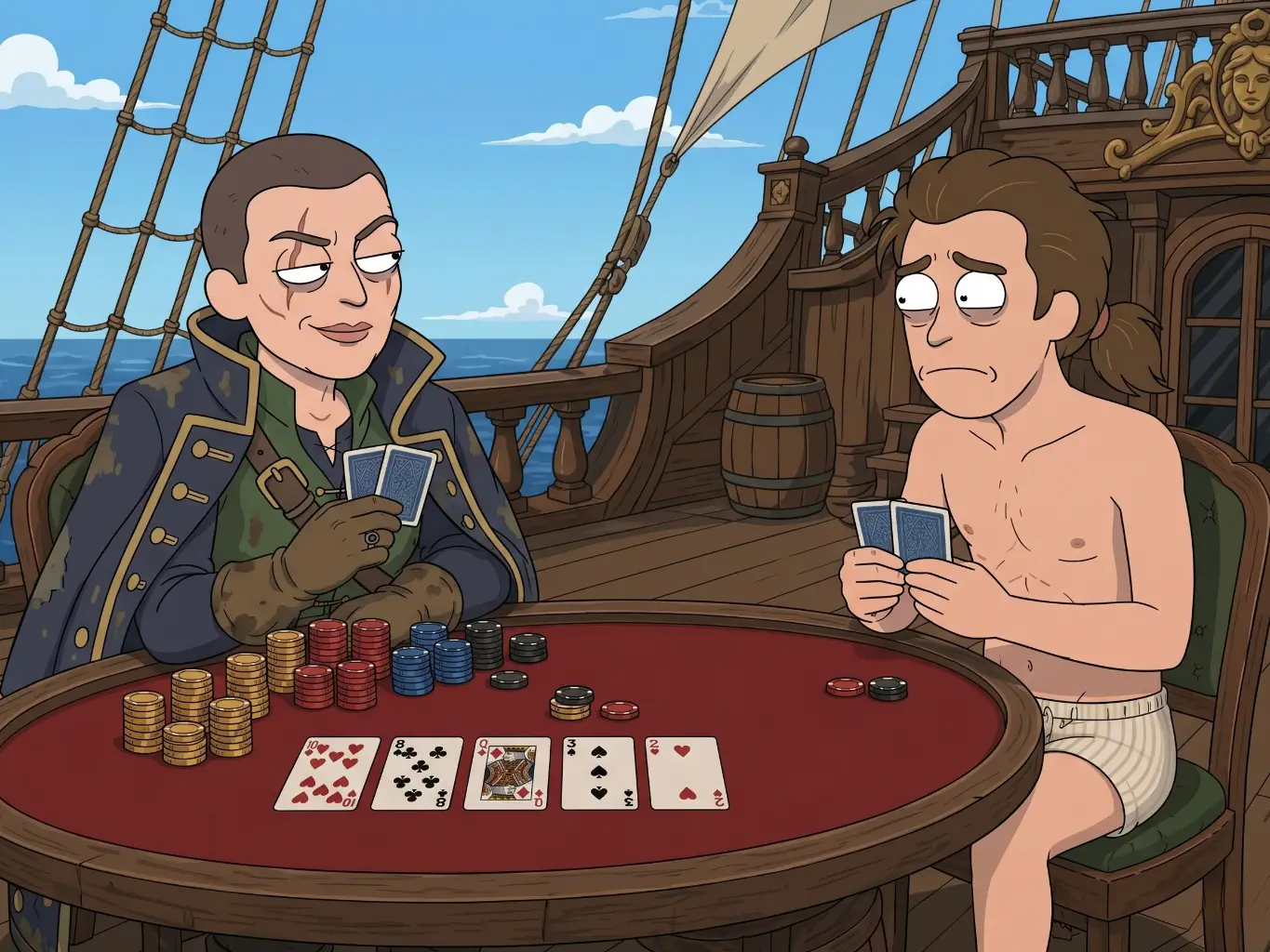 Poker table illustrating different luck between players