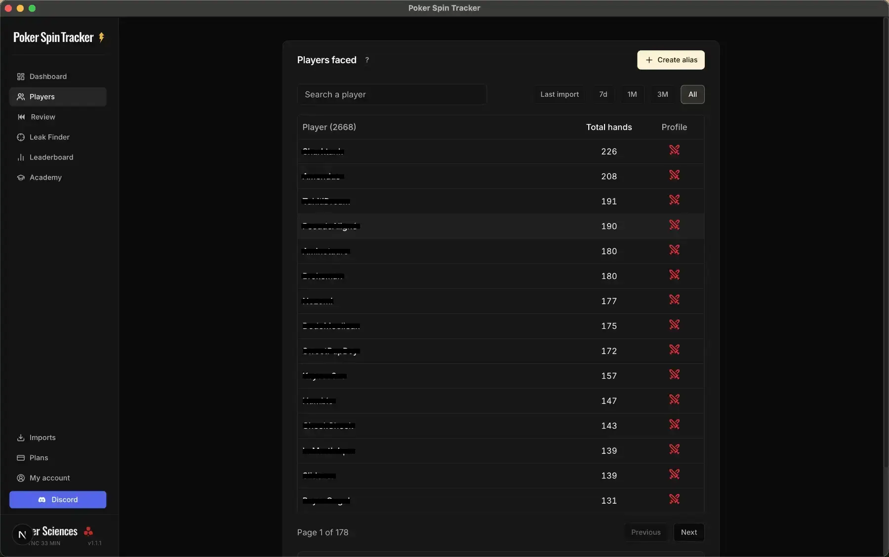 Sección Jugadores del tracker