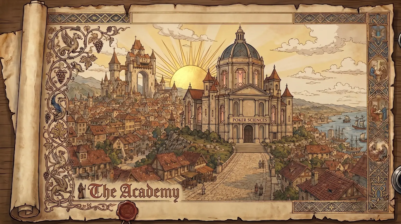 Vista grabada de la Academia Poker Sciences, encaramada en una de las colinas de la Ciudadela, su cúpula dorada bañada de luz por encima de los tejados de la ciudad.