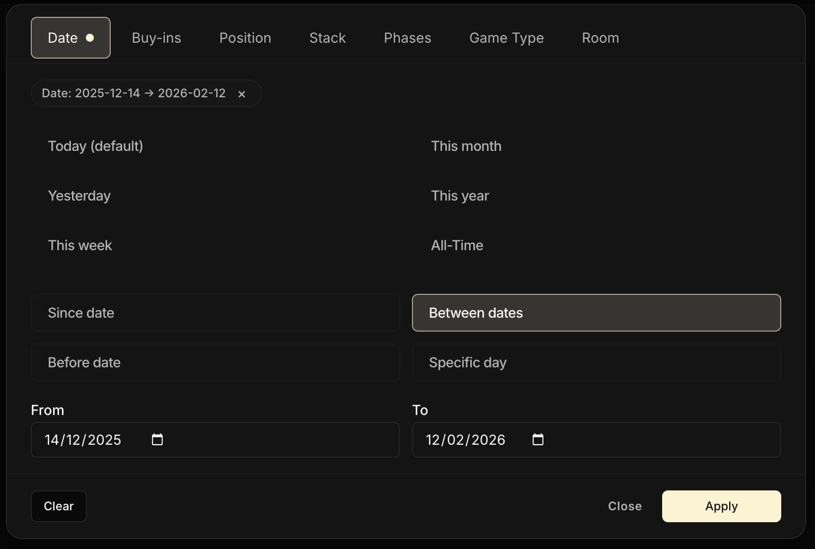 El panel de filtros de la pestaña Chips: pestañas Date, Buy-ins, Position, Stack, Phases, Game Type, Room, con una selección por intervalo de fechas.