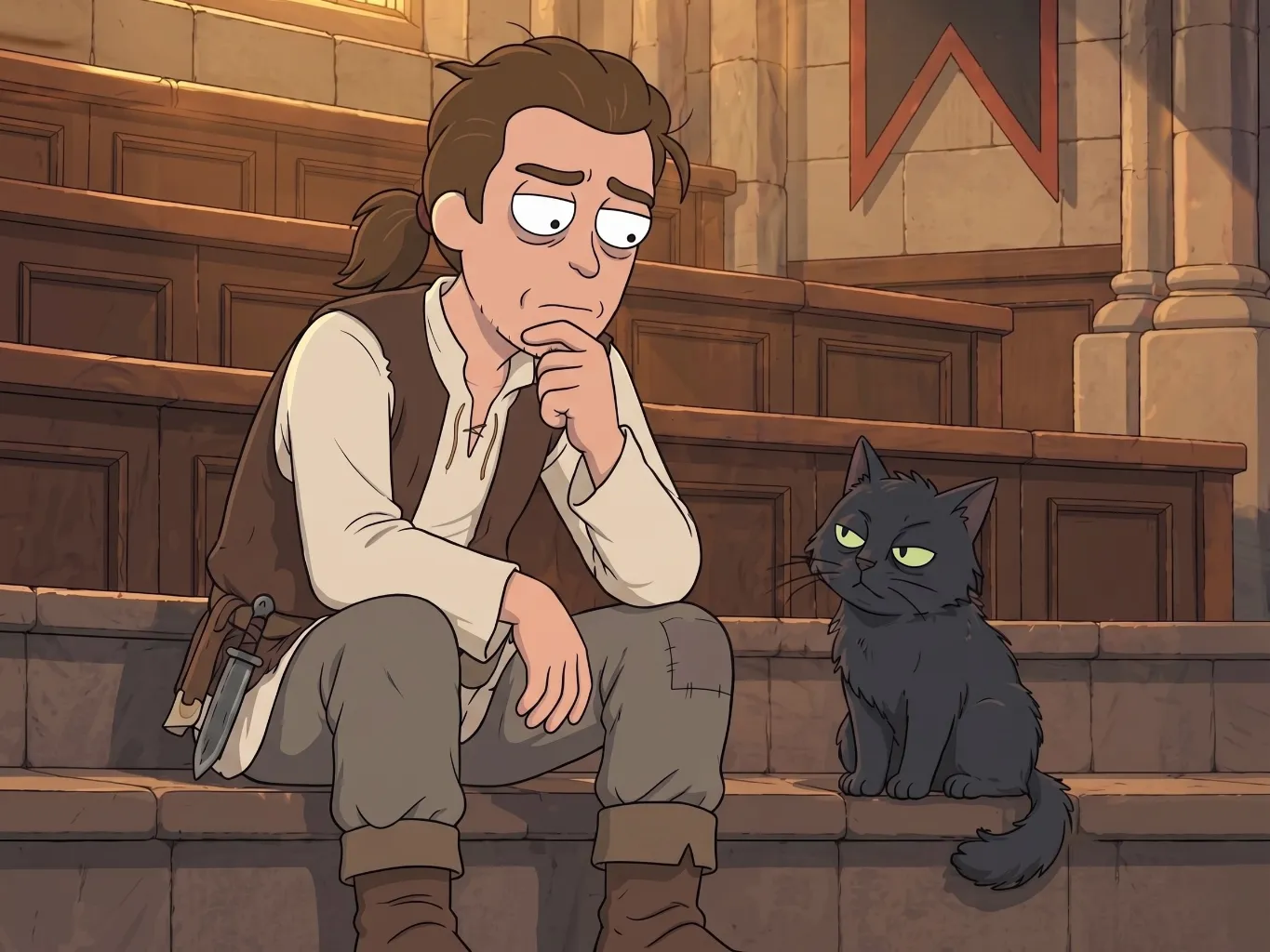 Ilustración humorística: un joven sentado en gradas de piedra, con aire pensativo, una mano bajo el mentón, junto a un gato negro.