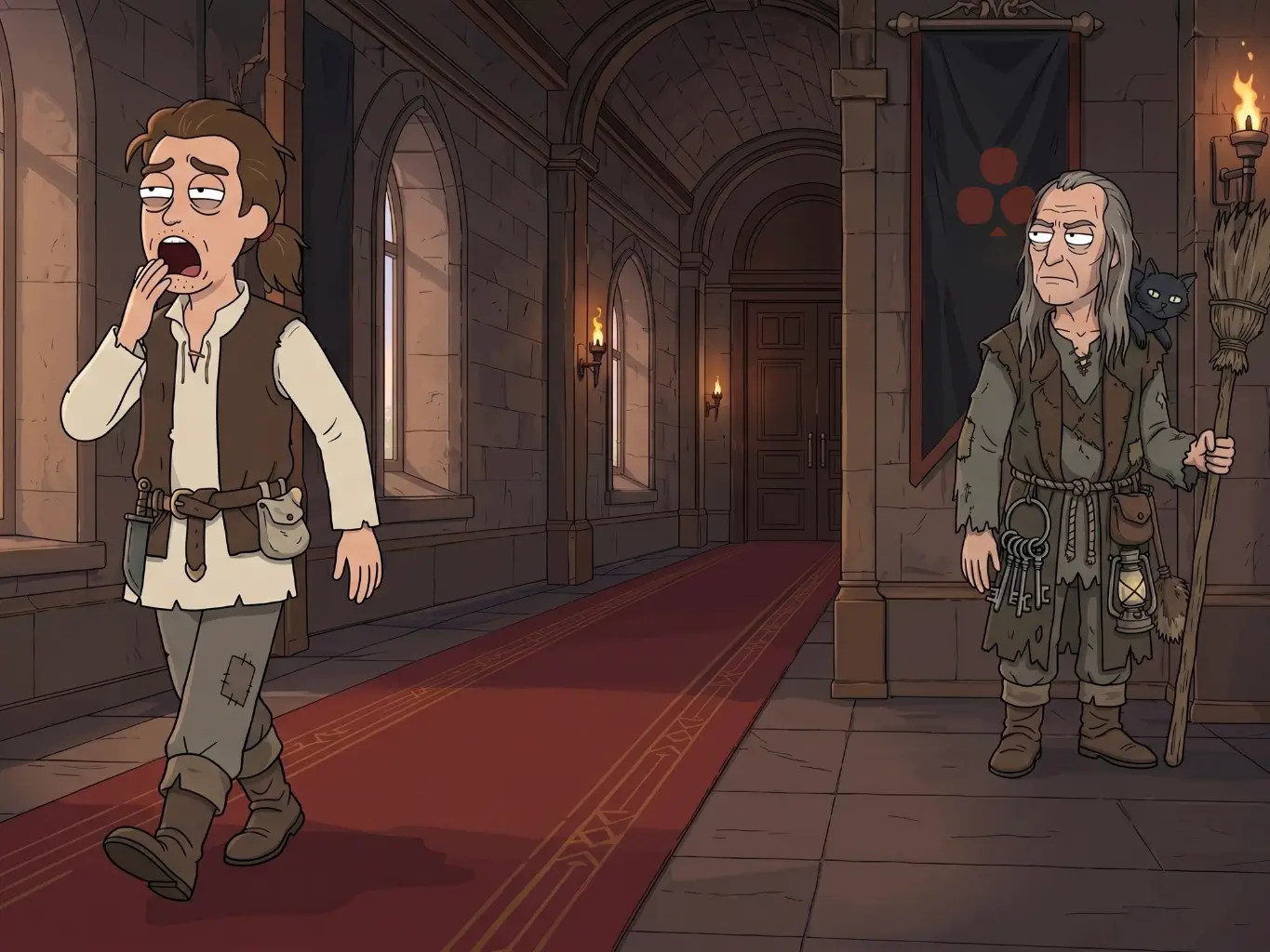 Ilustración humorística: un joven bosteza en un pasillo de castillo medieval, un anciano lo mira con aire severo.