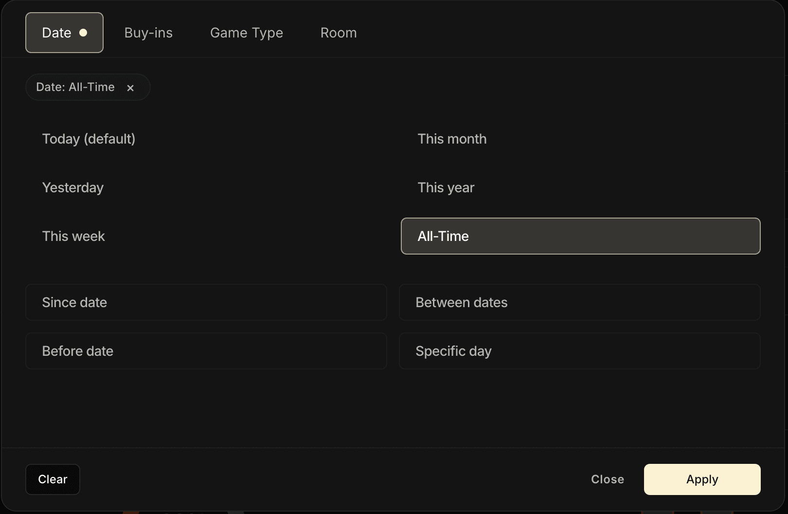 Barra de filtros de las pestañas Bankroll y Stats del Panel: solo cuatro entradas (Fecha, Buy-ins, Tipo de juego, Sala).