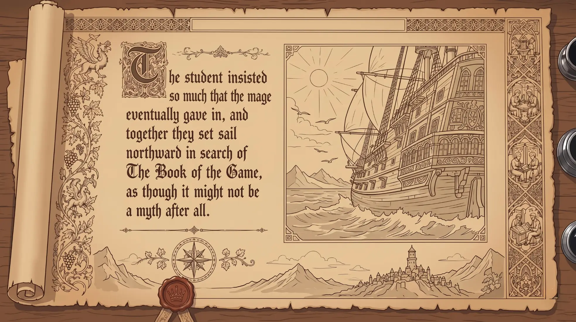 Parchemin déroulé représentant un voilier voguant vers le nord à la recherche du Livre du Jeu.