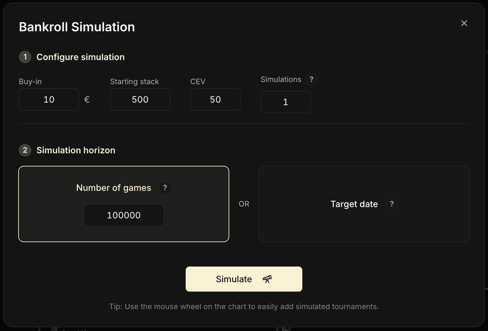Bankroll Simulation window in two steps: Configure the simulation (buy-in, starting stack, CEV, number of simulations), then Simulation horizon (number of games or target date), with a Simulate button at the bottom.