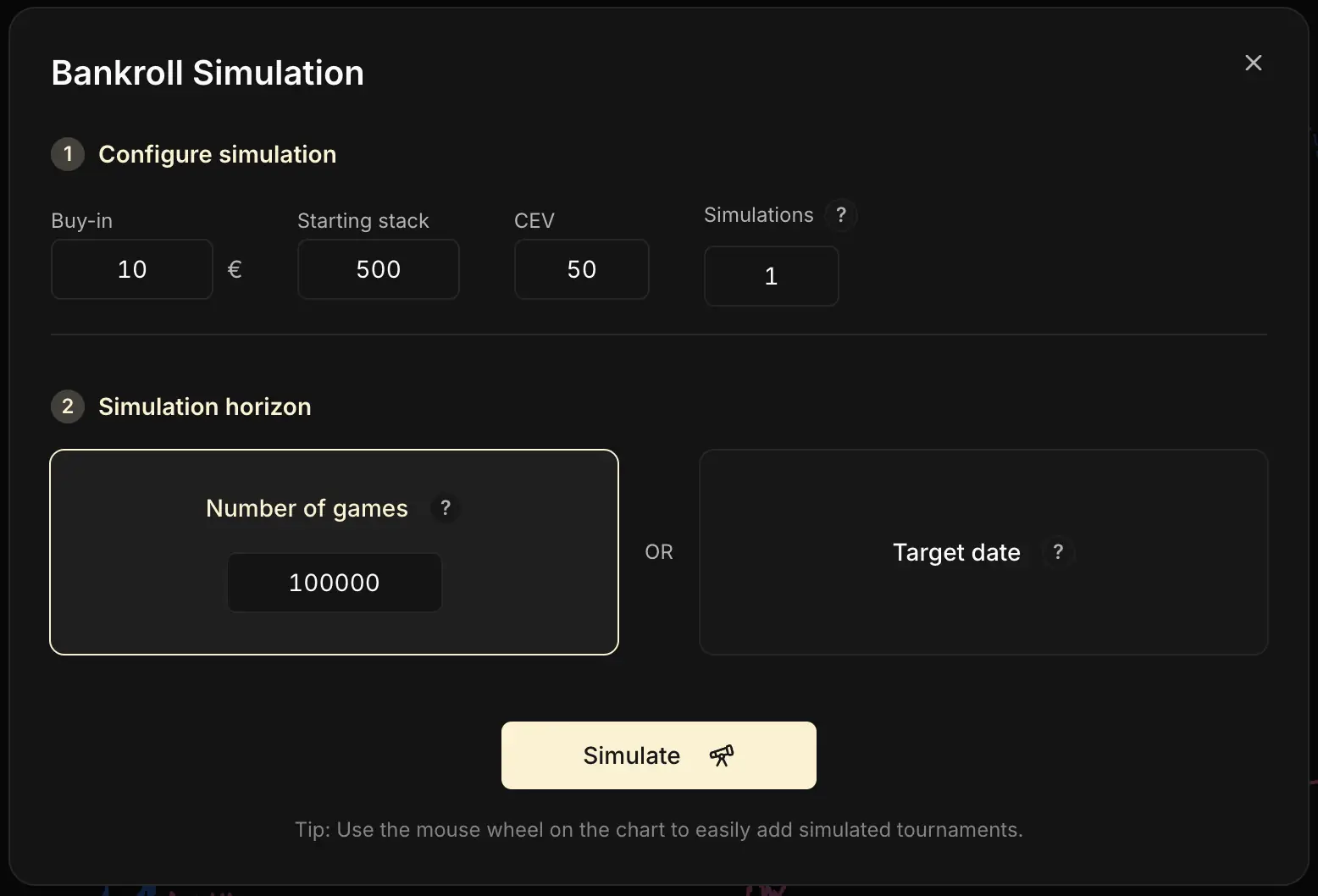 Ventana Simulación de Bankroll en dos pasos: Configura la simulación (buy-in, stack inicial, CEV, número de simulaciones) y luego Horizonte de la simulación (número de partidas o fecha objetivo), con un botón Simular abajo.