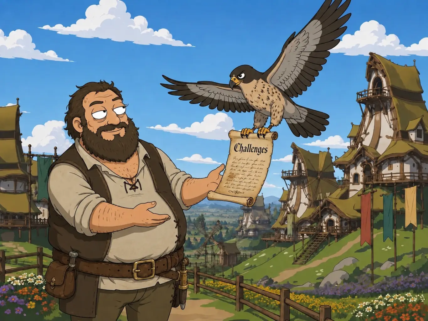 Illustration of a falcon bringing a scroll titled “Challenges” to a woman in a village.