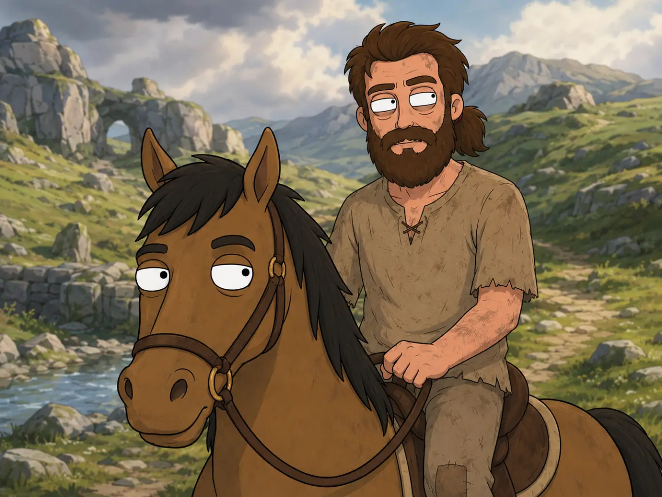 Indiana à cheval, l'air songeur, dans un paysage de montagnes.