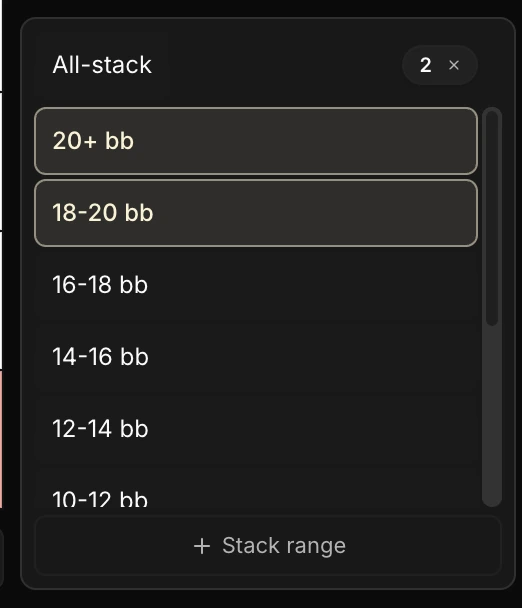 Sélecteur de stacks de l'onglet Global EV : les stacks 20+ bb et 18-20 bb sont sélectionnés en même temps (compteur « 2 »), ce qui cumule leurs mains.