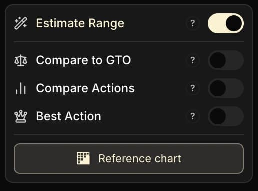 Sidebar de l'onglet Global EV affichant les quatre toggles (Estimer la range, activé, puis Comparer à la GTO, Comparer Actions et Meilleure Action) et le bouton Range de référence.