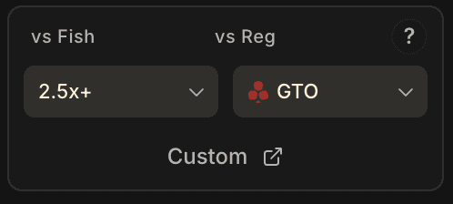 Deux menus déroulants indiquant la stratégie de référence active : vs Fish 2.5x+ et vs Reg GTO, avec un lien Custom.