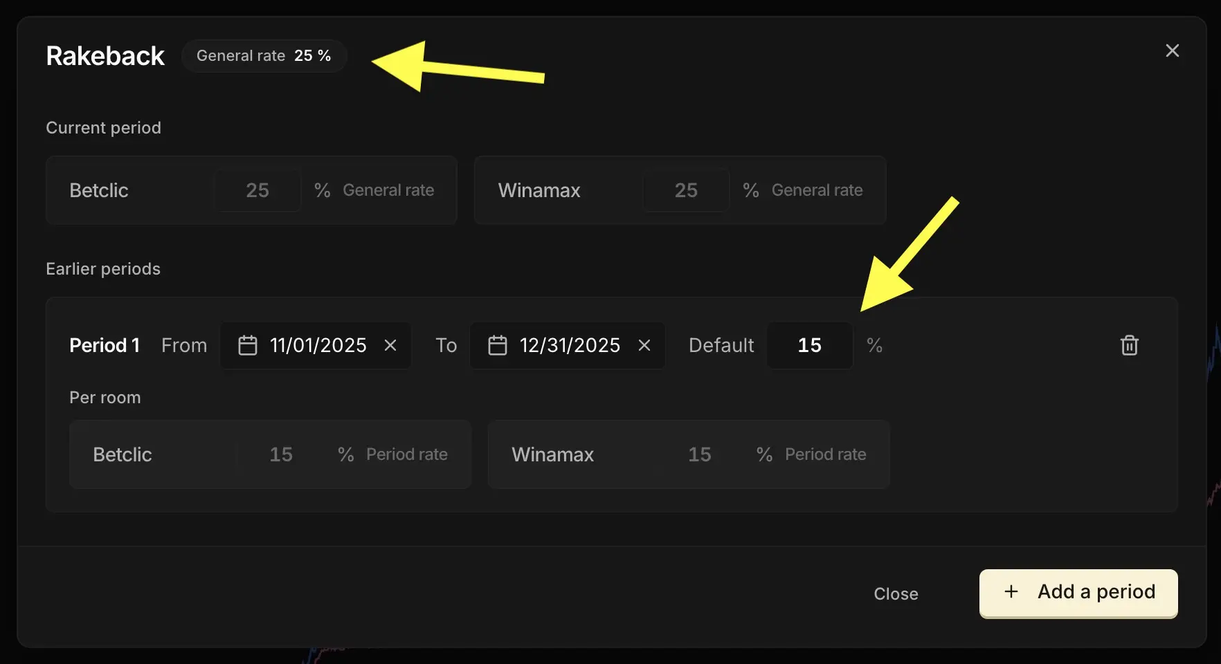 Rakeback settings window with an earlier period running from November to December 2025