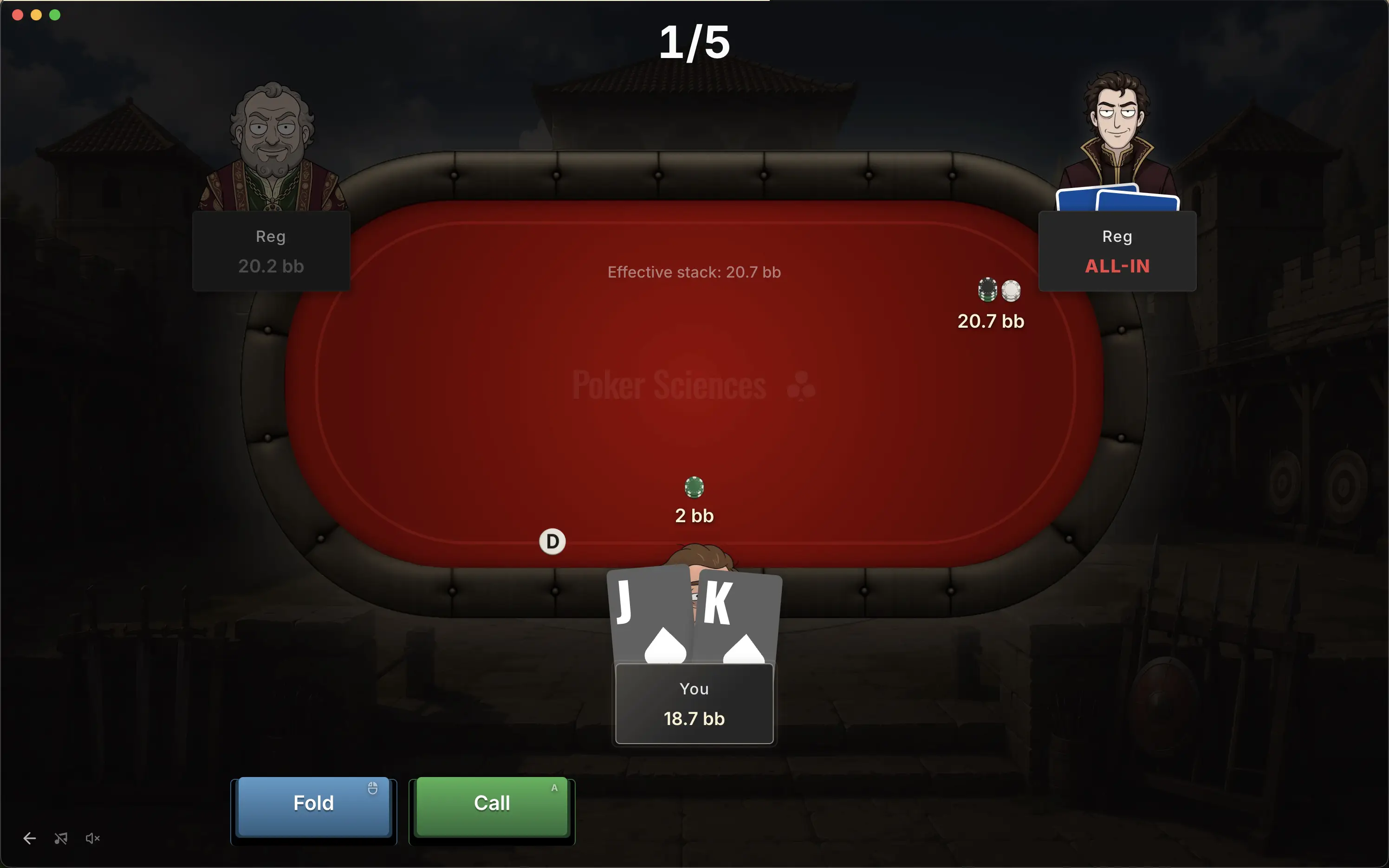 Interfaz del modo Repasar errores: mesa de poker con la mano del Hero, el rival Fish enfrente, los botones de acción abajo y el contador de errores restantes arriba.