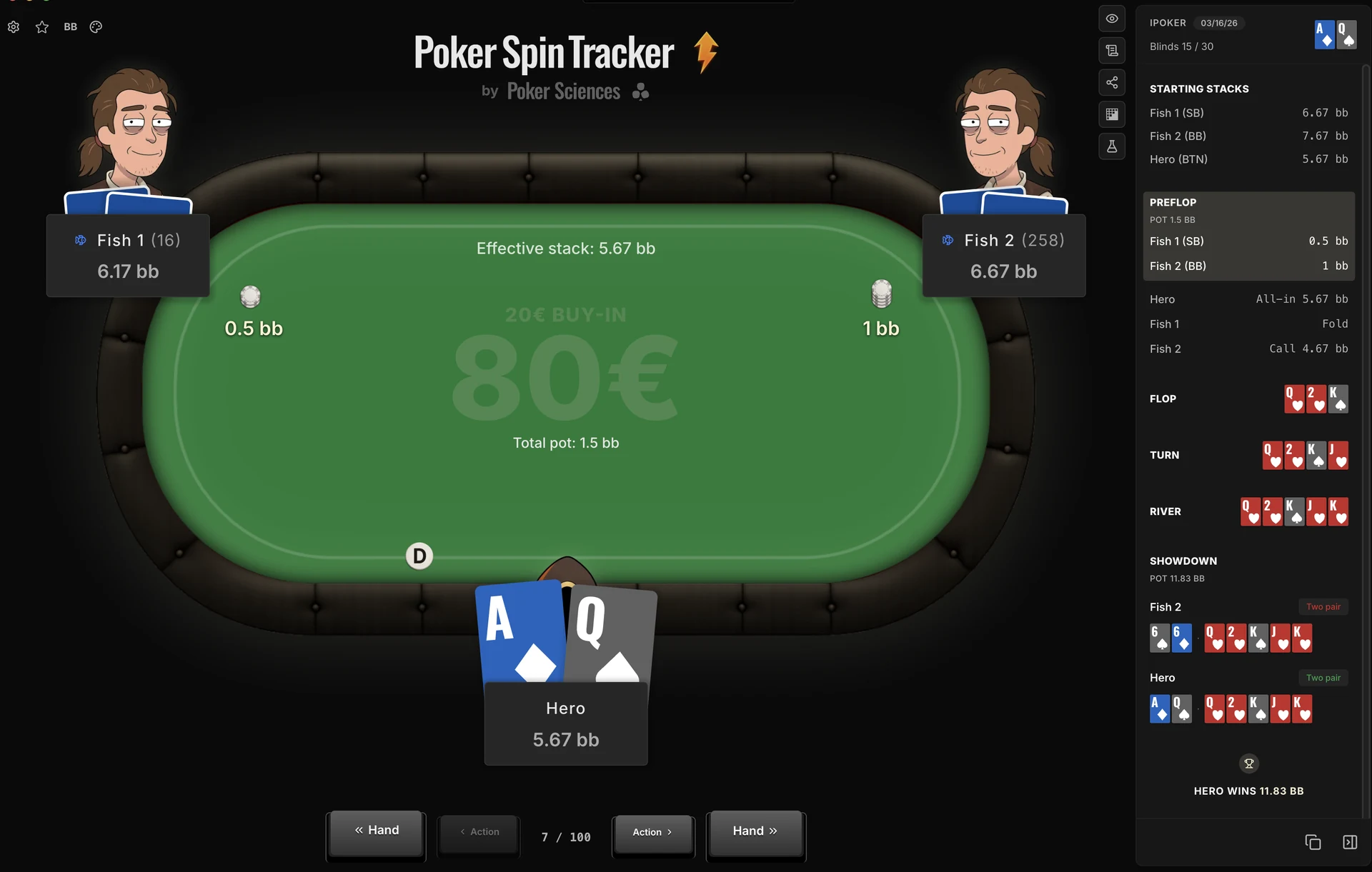 Le Replayer de main : la table reconstituée au centre, la liste d'actions à droite, la barre d'outils verticale dans le coin haut-droit et les contrôles de navigation en bas.