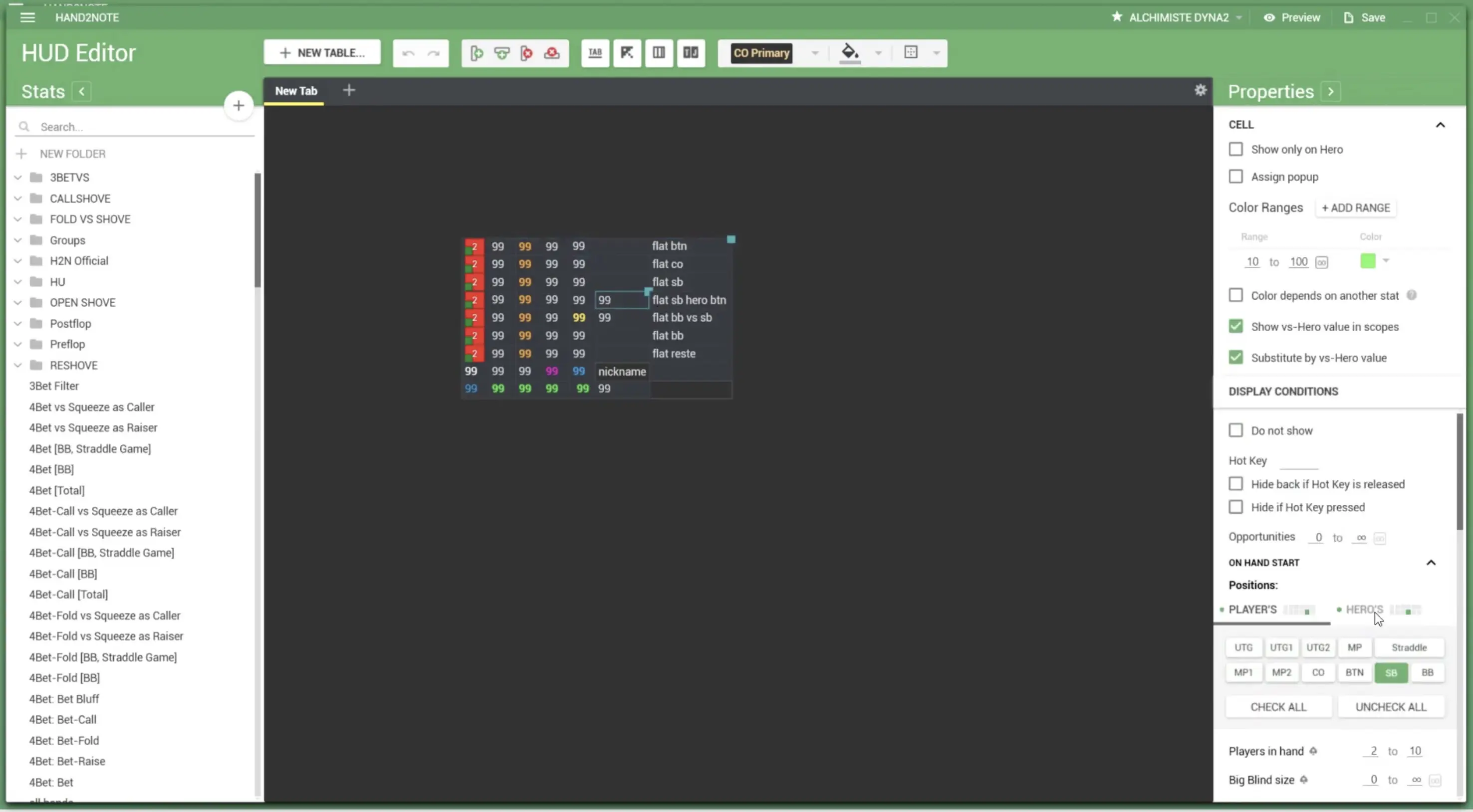 HUD configuration interface in Hand2Note